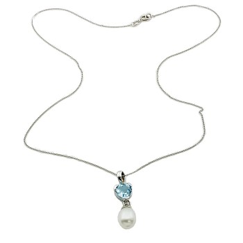 9ct White Gold B.topaz/Pearl Pendant with Chain